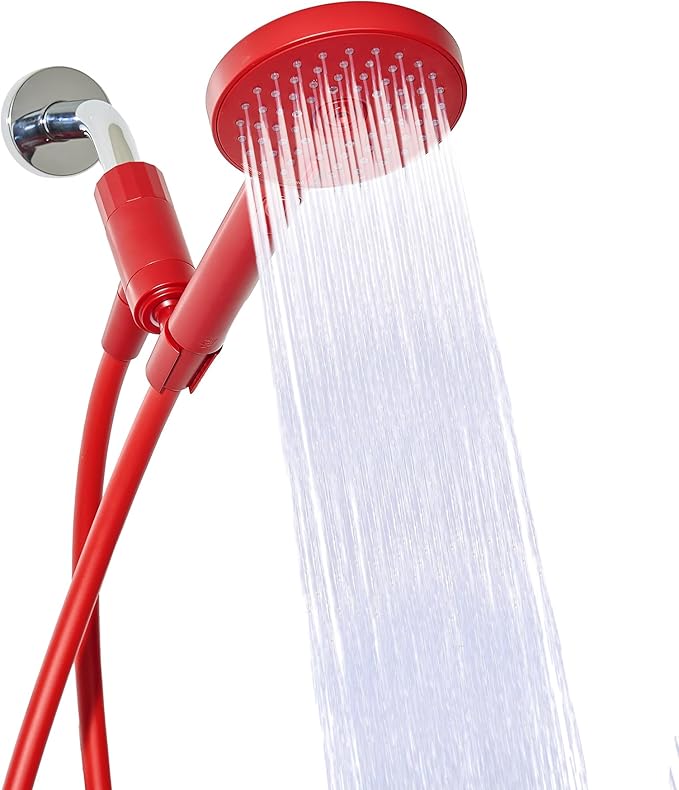 sproos! - Handheld Showerhead, High Pressure Performance, Red | Colorful - Easy DIY Installation - Renter Friendly - 3 Spray Functions with Pause - Extra Long 70 Inch Flexible Hose