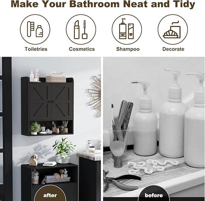 EasyCom 22" W x 26" H Bathroom Wall Cabinet, Farmhouse Medicine Cabinet with Adjustable Shelves and Double Barn Doors, Over The Toilet Storage Cabinet for Bathroom, Kitchen, Living Room, Black