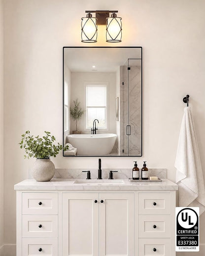 2-Light Oil Rubbed Bronze Bathroom Light Fixtures Over Mirror, 13.2" UL-Listed Modern Farmhouse Wall Sconce Lights with Milk White Frosted Glass and Metal Cage for Bath, E26, CH9176ORBW-2W