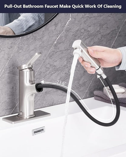 Pull Out Bathroom Faucet, Single Handle Bathroom Sink Faucet with Pull Out Sprayer, Bathroom Faucet for Sink, with Pop-up Drain & Deck Plate 1 or 4-inch Centerset 3 Hole, Brushed Nickel