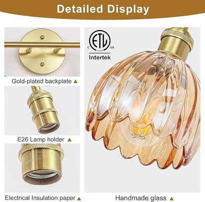 Vintage Bathroom Light Fixtures,2-Light Hardwired Vanity Lights with Amber Tulip Glass Shade,Gold Bathroom Vanity Light for Mirror Restroom,E26 Socket,14.57 in(Bulbs Not Included)
