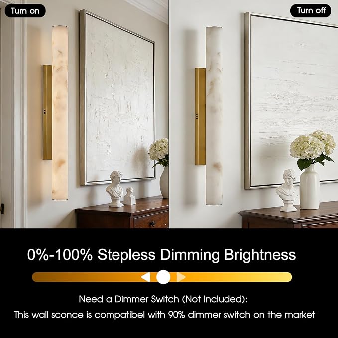 36" Alabaster Wall Sconce, Large Brass Linear Sconce, Modern Bathroom Vanity Light, 3000K Dimmable Faux Alabaster Sconces, Durable Indoor Wall Lamp for Bedroom Living Room, Entryway, Stairs (1 Pack)