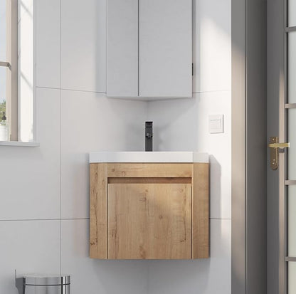 eclife 22" Corner Bathroom Vanity Sink Combo for Small Space Wall Mounted Floating Cabinet with White Resin Sink and Matte Black Faucet, Natural