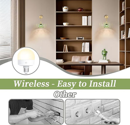 Battery Operated Wall Sconce CCT Dimmable Wireless Sconcesm Vintage Light Fixture with Green Tulip Glass Lampshade Wall Decor Set for Living Room Bedroom Bedside Bathroom 1PC Green