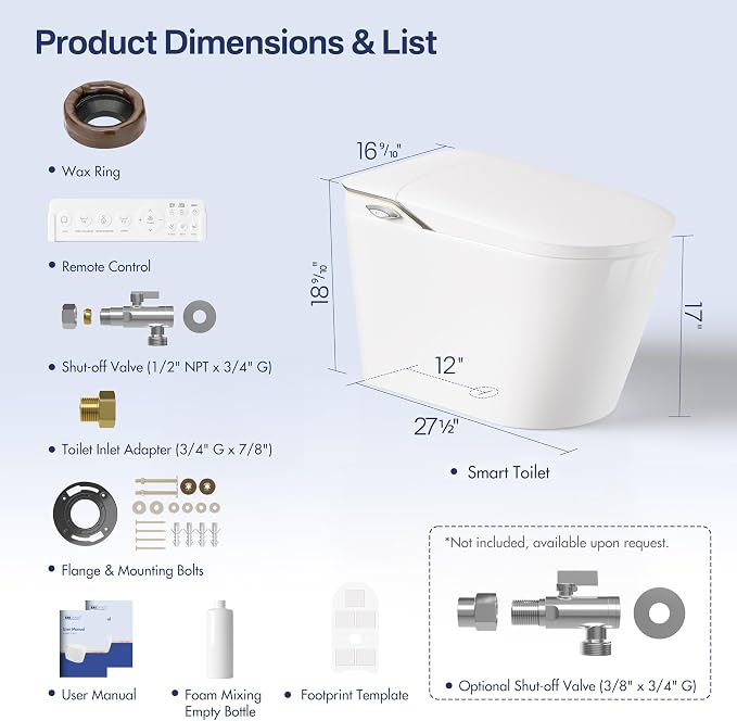 One Piece Smart Bidet Toilet, Auto Lid, Foam Shield, Wash & Dry | Foot Sensor, Heated Seat, Instant Warm Water, Adjustable Wash Settings, Self Cleaning Wand, Auto Flush, Pre Wet, Night Light