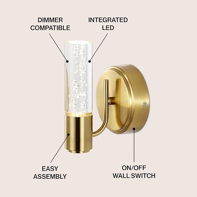JONATHAN Y 5.5" Brass Gold 1-Light Modern Integrated LED Vanity Light Wall Sconce for Bathroom, Clear Bubble Acrylic Shade Minimalist Art Deco Light for Hallway, Entryway, 4000K (JYL7222B)