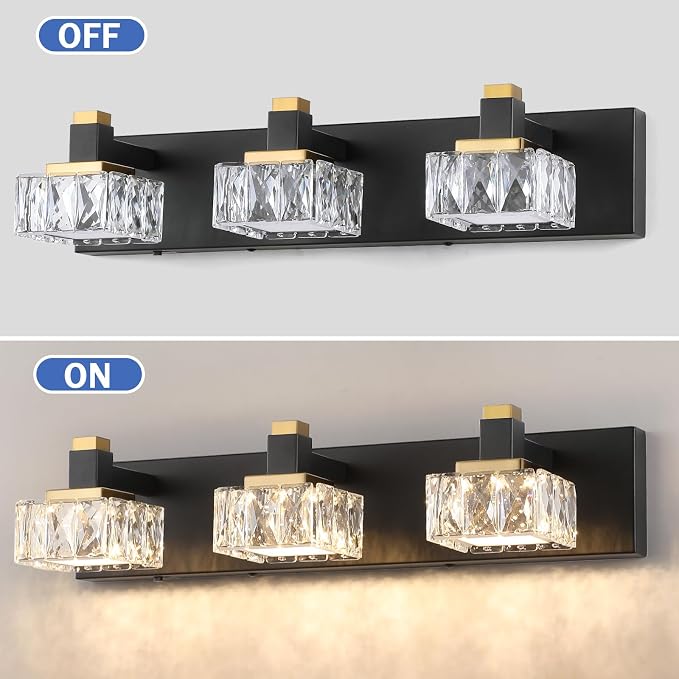 Bathroom Vanity Lights Over Mirror,3-Light Dimmable 5CCT Led Vanity Lights Black Gold Crystal Wall Sconce Lighting 22.05 inches Modern Vanity Light for Bathroom,Bedroom,Living room.(3000K-6000K）