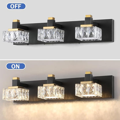 Bathroom Vanity Lights Over Mirror,3-Light Dimmable 5CCT Led Vanity Lights Black Gold Crystal Wall Sconce Lighting 22.05 inches Modern Vanity Light for Bathroom,Bedroom,Living room.(3000K-6000K）