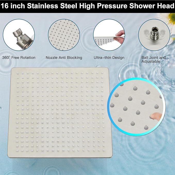 Midanya Shower Faucet Set,Wall Mount Shower System with Square Rain Shower Head and Hand Sprayer, Rough-in Valve Body and Trim Kit Included,16 Inch,Brushed Nichel