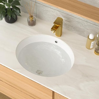Undermount Bathroom Sink 19x16 Inch White Porcelain Ceramic Lavatory Vanity Sink with Overflow, Under Counter Bathroom Sink, Oval Undermount Vessel Sink for Bathroom