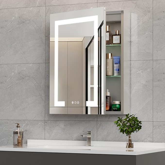 20 * 26 Smart LED Lighted Bathroom Medicine Cabinet Mirror with Touch Control, 3-Color Temperature, Stepless Dimming, 1-Hour Auto-Off – Ideal for Modern Bathrooms and Makeup Routines
