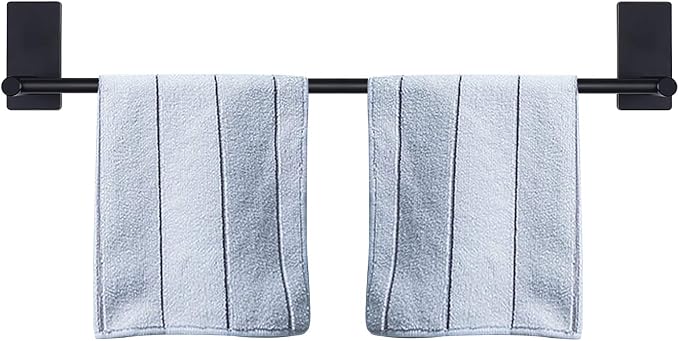 NearMoon Self Adhesive Bathroom Towel Bar- Stainless Steel Bath Wall Shelf Rack Hanging Towel Stick On Sticky Hanger Contemporary Style, NO Drilling (1 Pack, Matte Black, 27-Inch Towel Rack)