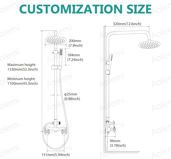 Aolemi Outdoor Shower Kit,8 Inch Rain Head and Handheld,Brushed Nickel | 2-Handle Hot and Cold Control, Adjustable Height, 6-Inch Center Valve, 59-Inch Hose, Winter Drainage Outdoor Shower Fixtures