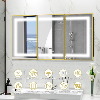 ROOMTEC 60 x 32 Inch Medicine Cabinet Mirror with LED Lights, Gold Bathroom Medicine Cabinet with Mirror and Storage, Recessed or Wall Mount, 3 Color Temperature, Dimmable Light