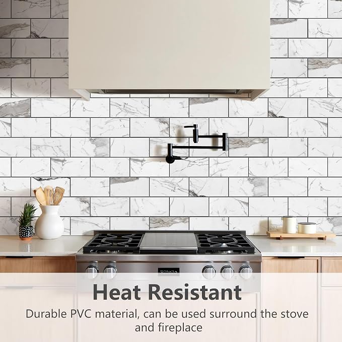 STICKGOO Subway Tile Peel and Stick Backsplash, Glossy White Marble PVC Self Adhesive Tile Backsplash, Stick on Tile for Kitchen and Bathroom(10 Sheets)
