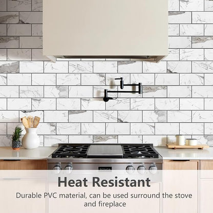 STICKGOO Subway Tile Peel and Stick Backsplash, Glossy White Marble PVC Self Adhesive Tile Backsplash, Stick on Tile for Kitchen and Bathroom(10 Sheets)
