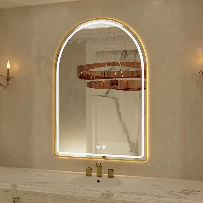 24"x36" Arched LED Bathroom Mirror, Gold Framed LED Bathroom Mirrors with Front Light and Backlit, Anti-Fog, Dimmable, 3 Colors, Memory Function, Arch Smart Vanity Mirror