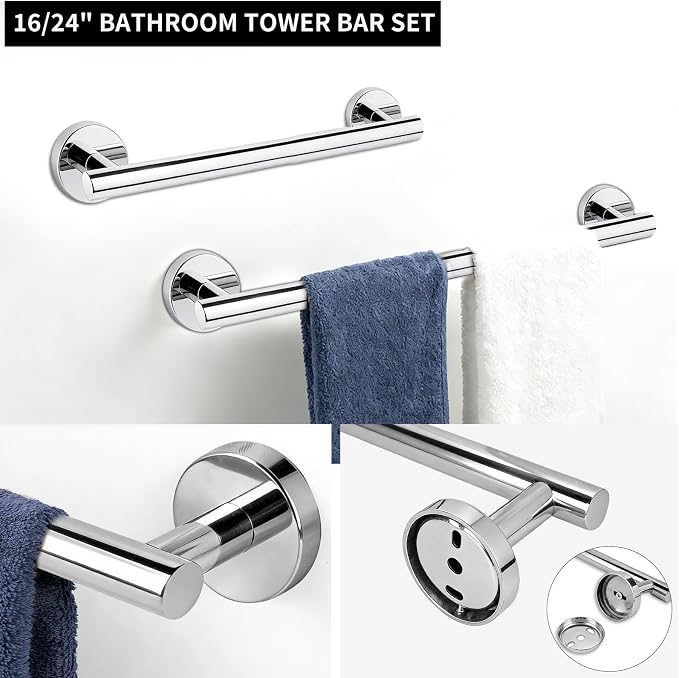10 Piece Brushed Chrome Bathroom Hardware Set, Towel bar Set for Bathroom | 24 inch Silver Towel bar, Bathroom Towel Rack, Towel Ring, Toilet Paper Holder, Towel Hook, Bathroom Accessories Set