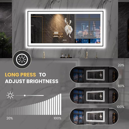 LOAAO 60"X28" LED Bathroom Mirror Black Framed | Anti-Fog, Dimmable, Memory Function, Tempered Glass, Lighted Vanity Mirror for Wall