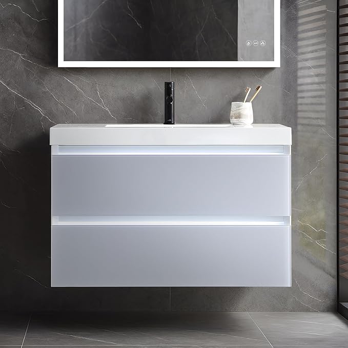 Blossom 36 inch LED Lighted Bathroom Vanity with Acrylic Sink | Wall Mounted Vanity with Dimmable LED Lights | Modern Floating Design for Bathrooms | 36" w/Acrylic Sink, Light Grey