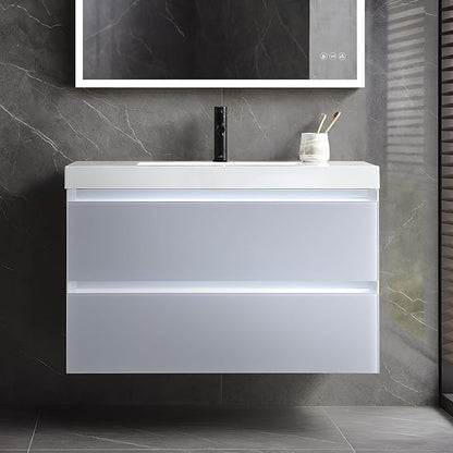 Blossom 36 inch LED Lighted Bathroom Vanity with Acrylic Sink | Wall Mounted Vanity with Dimmable LED Lights | Modern Floating Design for Bathrooms | 36" w/Acrylic Sink, Light Grey