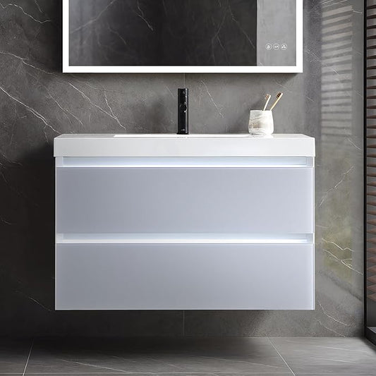 Blossom 36 inch LED Lighted Bathroom Vanity with Acrylic Sink | Wall Mounted Vanity with Dimmable LED Lights | Modern Floating Design for Bathrooms | 36" w/Acrylic Sink, Light Grey