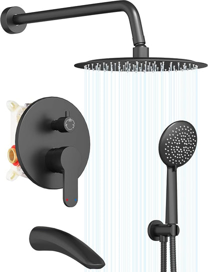 Gabrylly Black Bathtub Shower Faucet Set - 12" Rain Showerhead & Handheld Spray, High Pressure Shower Head with Pressure Balance Valve, Matte Black