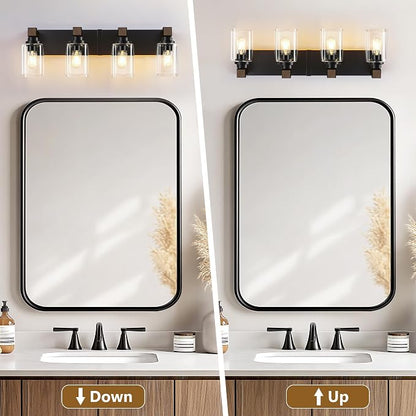 Farmhouse Black 4-Light Bathroom Vanity Light, Square Glass Shade | Vintage Rustic Design, Wood Grain Finish, Matte Black Metal, Wall Mount Over Mirror Lighting Fixtures for Bathroom Restroom