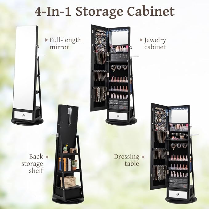 GOFLAME 360 Rotating Jewelry Cabinet with Full Length Mirror, Standing LED Jewelry Armoire, Lockable Jewelry Organizer with Hair Dryer Rack, Back Storage Shelves, Inner Makeup Mirror, Black