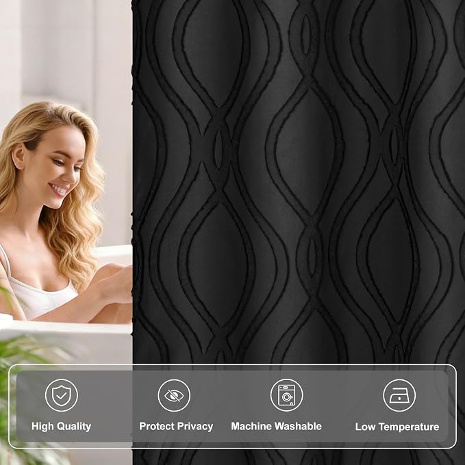 Yinhua No Hook Shower Curtain with Snap in Liner Set, 71" W×74" L, Black | Hotel Style with See Through Top Window, Washable Waterproof, Tufted Textured, Hookless Curtain for Bathroom Bathtub