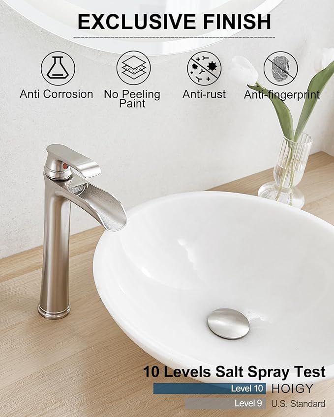 Brushed Nickel Bathroom Faucet Brass Waterfall Faucet for Bathroom Sink, Tall Vessel Sink Faucets, Vanity Faucet 1 Hole Single Handle with Pop-Up Drain Supply Hoses for Lavatory RV Farmhouse