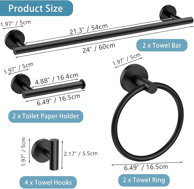 Newfun 10-Pieces Matte Black Bathroom Hardware Set 24 Inch | Includes 24 Inch Towel Racks for Bathroom Wall Mounted, Toilet Paper Holder, Towel Hooks, Towel Rings for Bathroom Wall