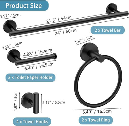 Newfun 10-Pieces Matte Black Bathroom Hardware Set 24 Inch | Includes 24 Inch Towel Racks for Bathroom Wall Mounted, Toilet Paper Holder, Towel Hooks, Towel Rings for Bathroom Wall