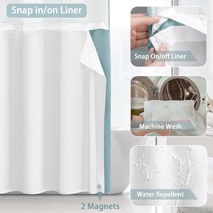 No Hook Shower Curtain and Liner Set,Cyan Hotel Waffle Shower Curtain with Liner 75" L x 72" W