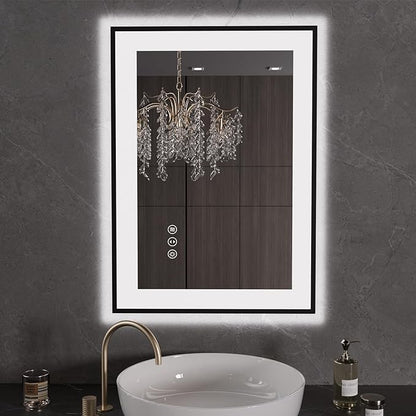 LOAAO 20"X28" LED Bathroom Mirror Black Framed | Anti-Fog, Dimmable, Memory Function, Tempered Glass, Lighted Vanity Mirror for Wall