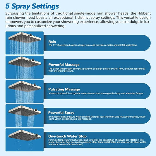 Hibbent 5-spray Dual Filtered Rainfall Shower Head with 10 Spray Handheld | High Pressure 13'' Showerhead Combo, Easy Reach 4-way Diverter Arm with Pause Mode, 71'' Hose & Holder, Brushed Nickel
