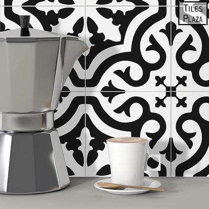 The Tiles Plaza Encaustic Peel and Stick Backsplash, Black and White Patterned Vintage Stick on Tiles, Stone Composite Self-Adhesive Wall Tile Sticker for Kitchen Bathroom Fireplace Stairs, 10 Sheets