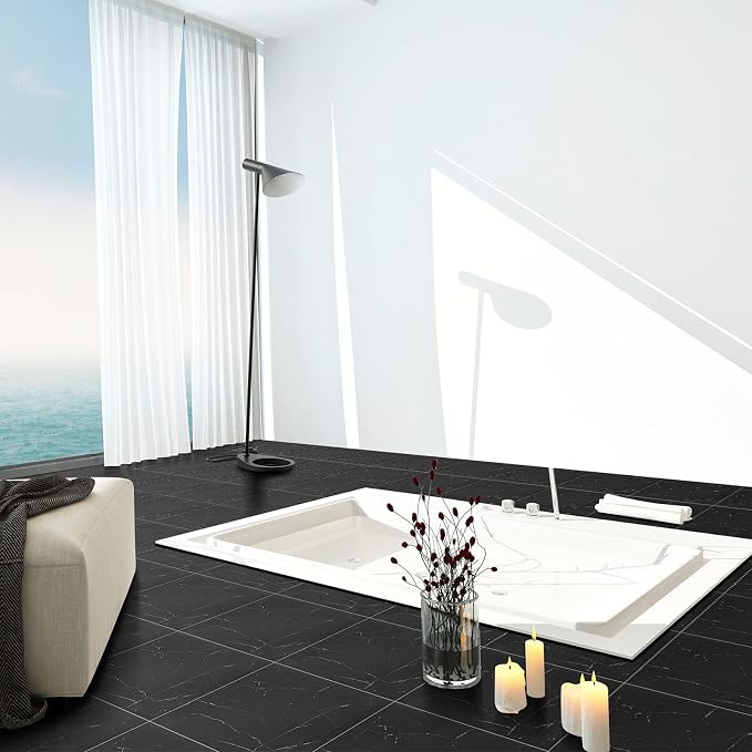 Spiareal 48 Pieces Peel and Stick Floor Tiles Vinyl Flooring 12 x 12 Inch Stick on Floor Tile Self Adhesive Waterproof DIY for Bathroom Kitchen Bedroom Living Room(Black Marble)