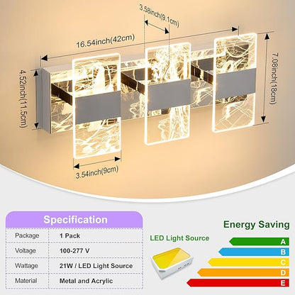 Modern LED Bathroom Light Fixtures Dimmable 3-Light Chrome Vanity Light, 5CCT Adjustable Lighting Fixture Vanity Lights Over Mirror, Smoked Acrylic LED Vanity Lights for Bathroom
