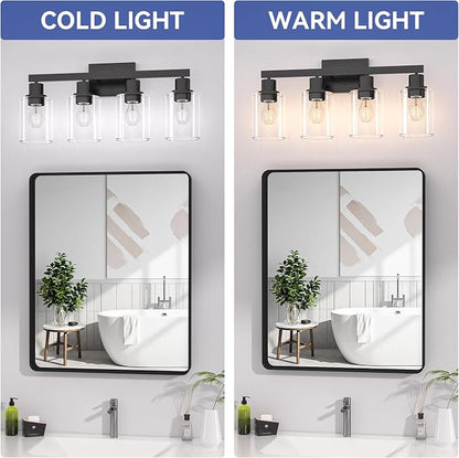 Hasipu Modern Bathroom Light Fixtures, 4 Light Black Vanity Lights | HD Clear Round Glass Shade, Durable Metal, Standard E26 Socket, Easy Installation, Farmhouse Bathroom Lighting