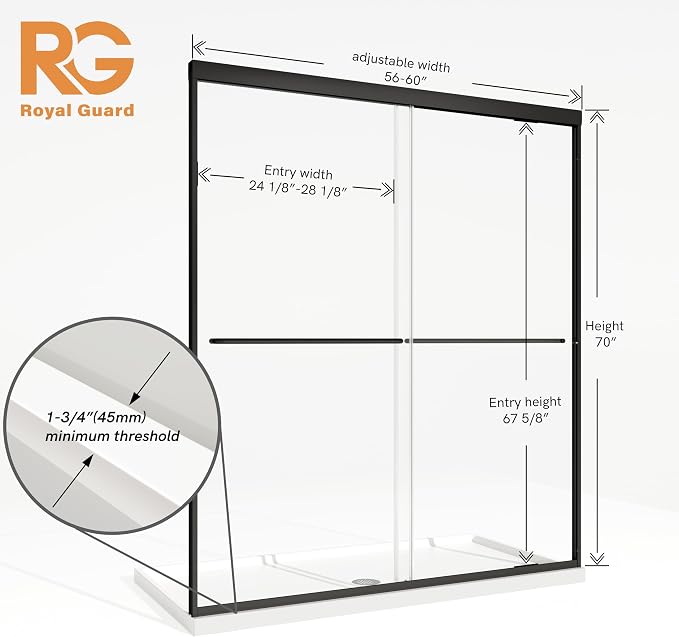 Royal Guard Double Sliding Shower Door,56-60" W x 70" H,Matte Black | Shower Doors with 6mm Clear SGCC Tempered Glass,Bypass Shower Enclosure,Nano Coating Easy Clean&Waterproof&Adjustable Width