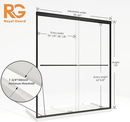 Royal Guard Double Sliding Shower Door,56-60" W x 70" H,Matte Black | Shower Doors with 6mm Clear SGCC Tempered Glass,Bypass Shower Enclosure,Nano Coating Easy Clean&Waterproof&Adjustable Width