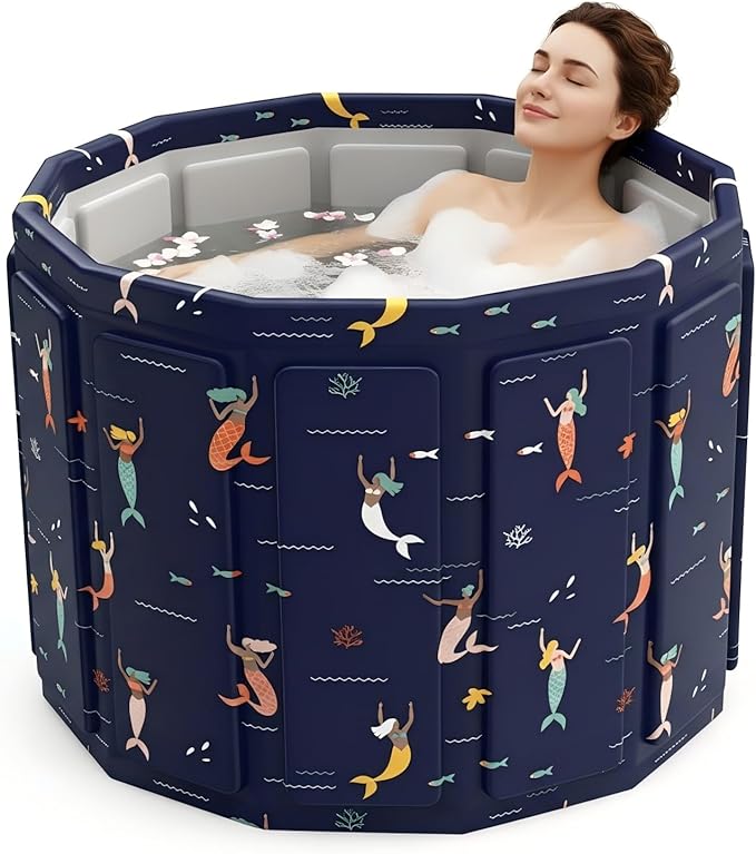Portable Bathtub for Adult, Foldable Soaking Bathtub for Hot SPA&Ice Bath, Foldable Small Bathtub collapsible bathtub for Bathing, 6-layer Insulated portable tub,Space-saving (Blue Fish 31.5X26.6 IN)