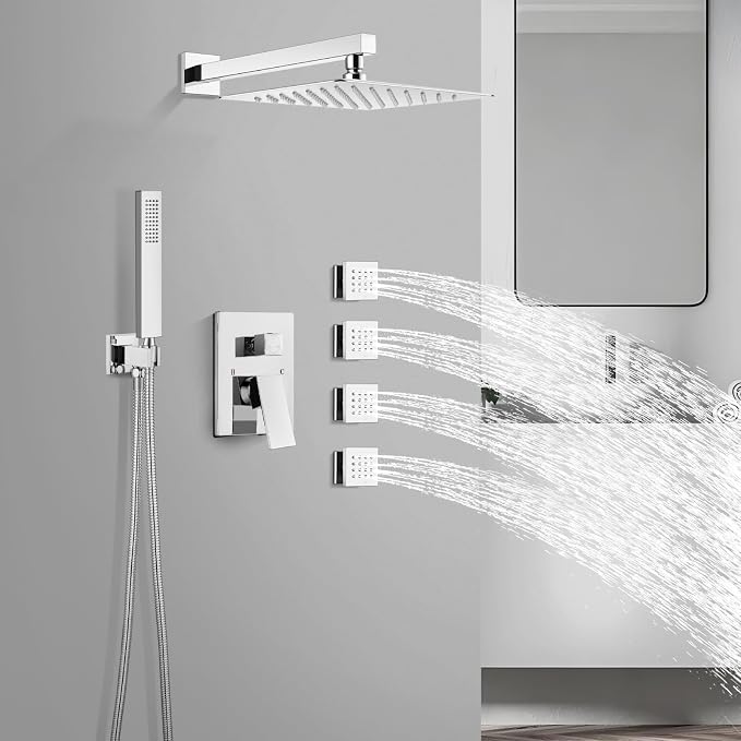 gotonovo Rainfall Shower System with Full Body Jets 4pcs Polished Chrome | 12’’ Rainfall Shower Head with Handheld Spray Combo,Wall Mount,Rough-in Valve and Trim Kit,Brass Body Message Jets,All Metal