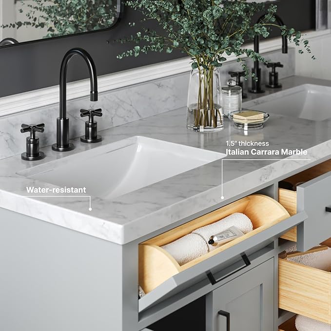 ARIEL Hepburn 60-inch Bathroom Vanity with Sink,Solid Wood, 1.5-inch Italian Carrara Marble Countertop, Double Rectangular Porcelain Sink, 4 Soft Closing Doors, 6 Dovetail Drawers, Grey