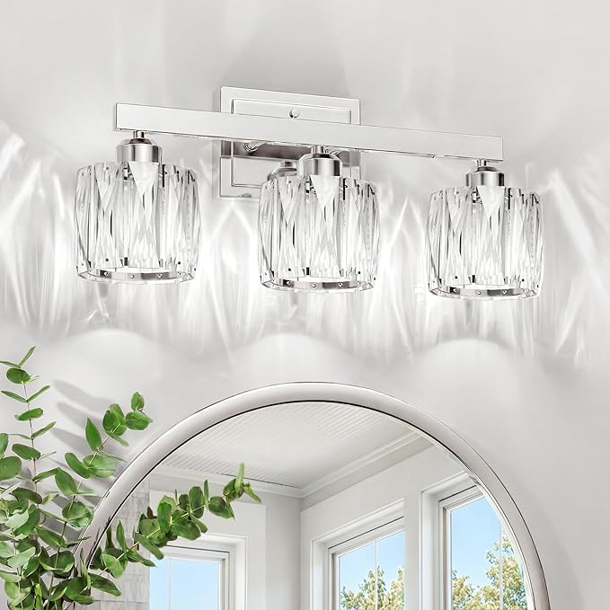 VOLISUN Crystal Vanity Lights for Bathroom, 3 Light Bathroom Vanity Light, Modern Stainless Steel Bathrooms Lights Over Mirror, Chrome Bathrooms Lights Fixtures-UL Certificated(Exclude Bulb)