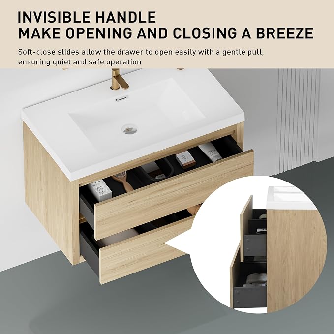 36" Floating Bathroom Vanity with Sink, Wall-Mounted Bathroom Storage Vanity Cabinet with Resin Top Basin and Soft Close Drawers, Fully Assembled, Natural Oak