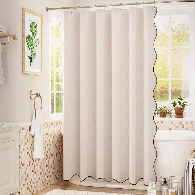 Bathway Modern Scalloped Shower Curtain, Linen Textured Beige Shower Curtain Set with 12 Metal Hooks, Neutral Cute Elegant Shower Curtain with Black Border for Bathroom, 72x72 Inches