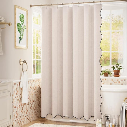 Bathway Modern Scalloped Shower Curtain, Linen Textured Beige Shower Curtain Set with 12 Metal Hooks, Neutral Cute Elegant Shower Curtain with Black Border for Bathroom, 72x72 Inches