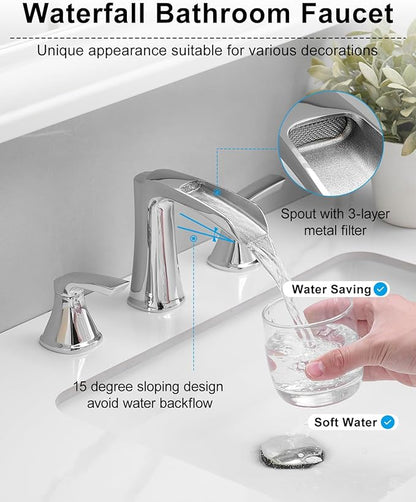 Fapully Chrome Bathroom Faucet 3 Hole, Waterfall 8 Inch Widespread Bathroom Sink Faucet with Pop-up Drain, Two-Handle Faucets for Bathroom Sink
